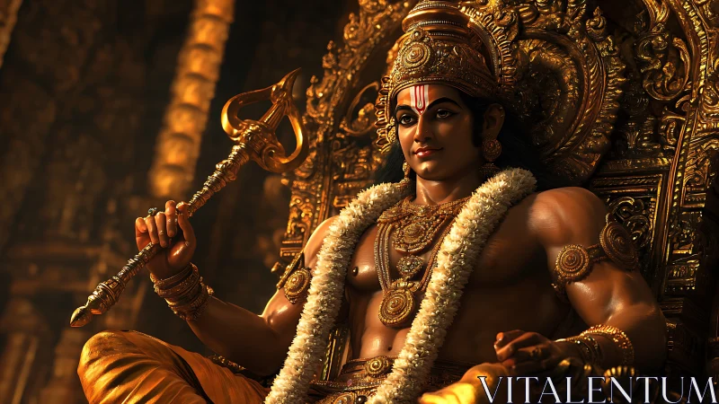 Regal warrior deity on molten gold throne of quiet thunder.