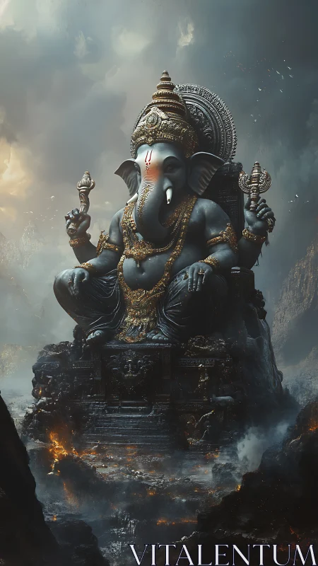 Storm-lit stone deity steadies molten earth with silent grace