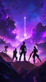 Starlit strike team faces a cosmic rift in neon twilight.