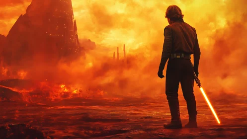 Lone warrior holds glowing blade over molten battlefield