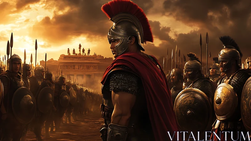 Roman legionary stands between shielded ranks at sunset