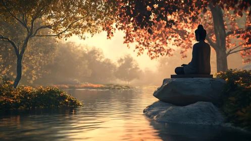 Buddha statue beside calm river under warm sunset light.
