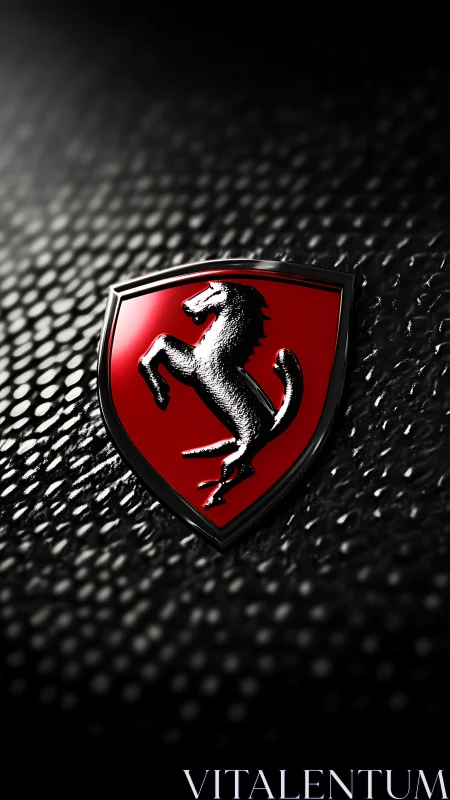 High-gloss prancing horse emblem on textured dark surface