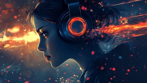 Focused woman in headphones amid abstract fiery streaks.
