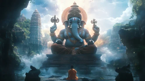 Majestic Ganesha temple vision in mist-soaked sacred valley.