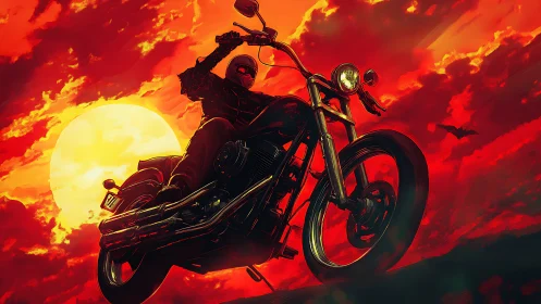 Masked biker drives low chopper before blazing sunset sky