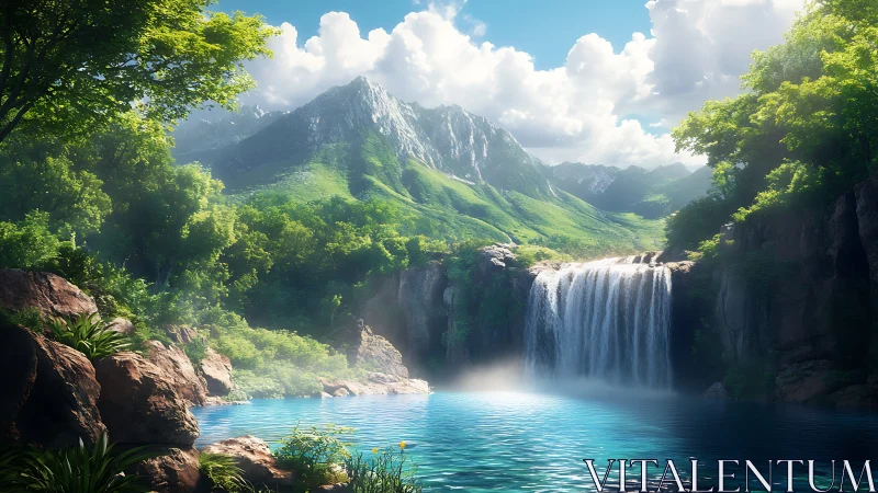 Mountain waterfall cascades into luminous turquoise pool.