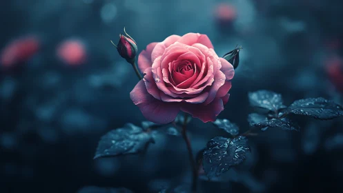 Pink rose bloom emerges luminous against deep teal bokeh backdrop.
