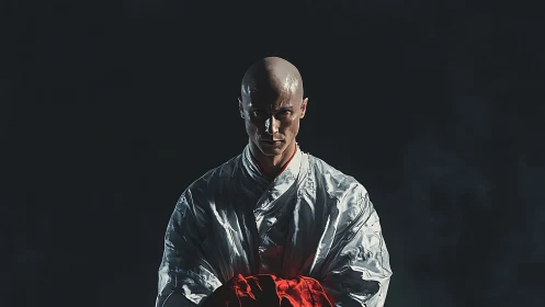 Stoic cyber monk sharpens resolve beneath stormy shadows