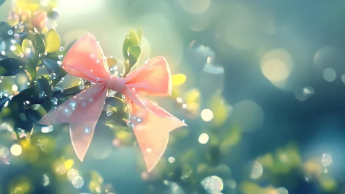 Pastel ribbon on foliage with luminous bokeh depth of field