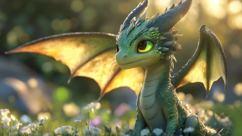 Young green dragon sits in sunlit meadow with flowers
