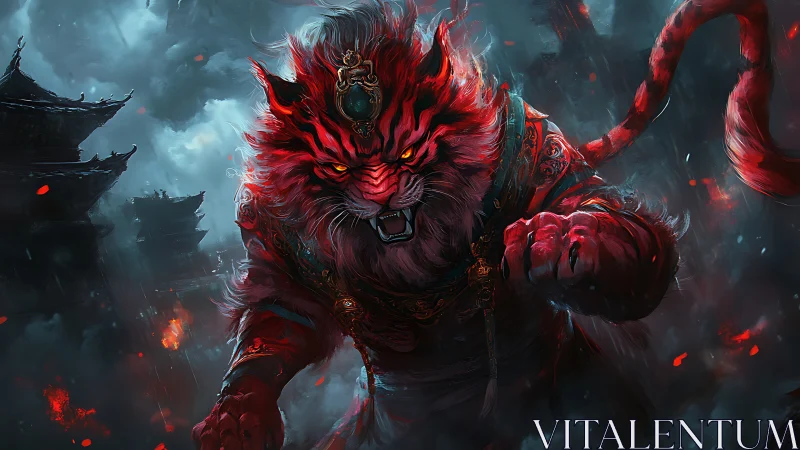 Fantasy digital painting of raging demonic tiger warrior profile.