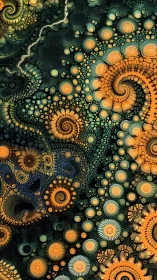 Fractal spiral clusters in teal and orange pattern.