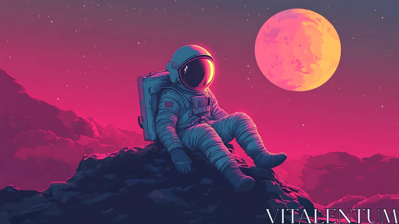 Solitary astronaut resting under neon-pink extraterrestrial moon