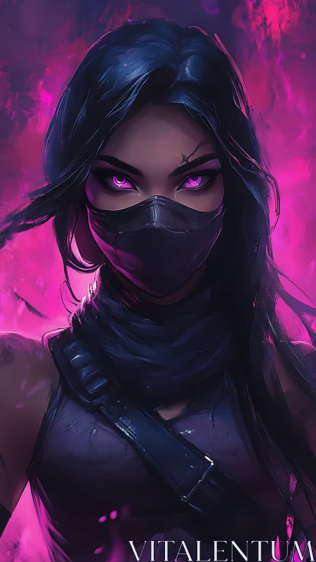 Masked cyber assassin with glowing violet eyes stands poised.