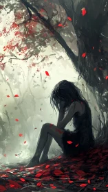 Solitary figure sits beneath dark tree amid falling leaves