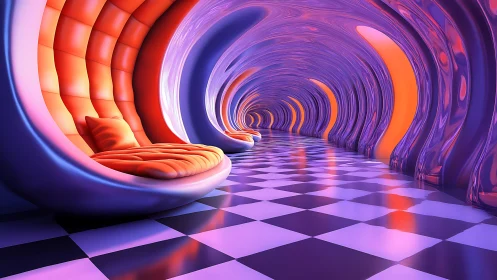 Curved lounge corridor with checkered floor and pod seating.