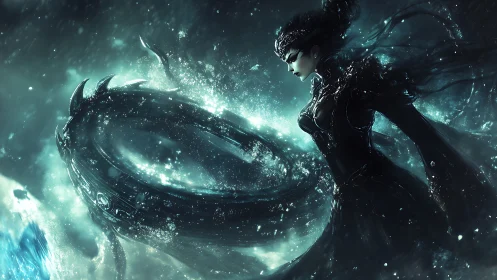 Dark armored sorceress confronts luminous aquatic vortex