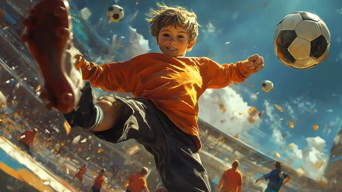 Youth soccer player kicking ball in dynamic stadium scene.