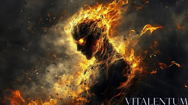 Incandescent humanoid silhouette engulfed in dynamic flames.