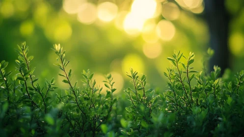 Lush green shrubbery in sunlight with dreamy bokeh background.