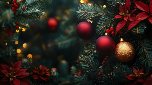 Christmas tree branches with red baubles and golden ornament.