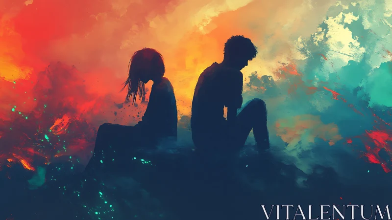 Silhouetted pair seated back to back amid abstract sky field.