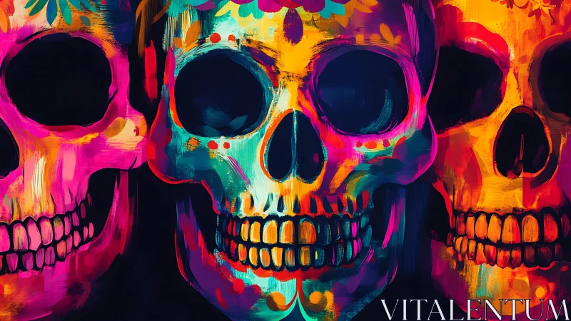 Triad of multicolored skulls in frontal alignment, stylized.