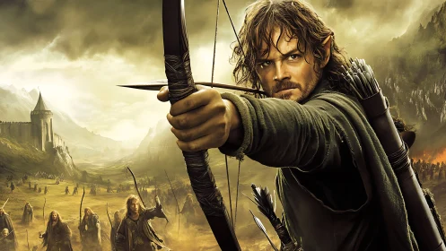 Elf archer draws his bow before a vast fantasy battle.