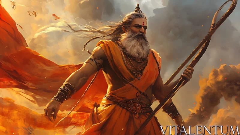 Wise warrior sage walking through swirling sunset fire.