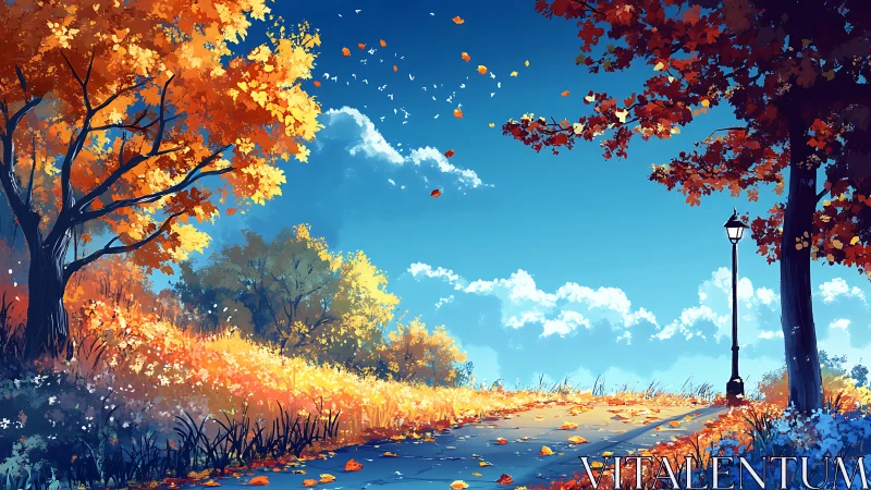 Autumnal tree-lined pathway under saturated cobalt skyscape.