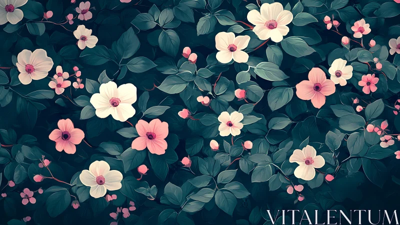 Floral Composition with Pink Blossoms and Teal Foliage