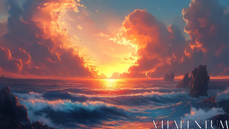 Sunset forges a molten doorway across the stormy sea