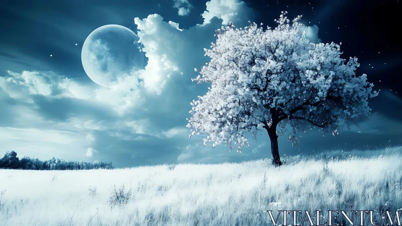 Moonlit blossom tree glowing softly in a dreamy night field.