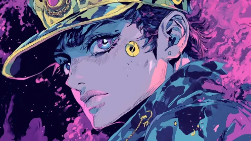 Neon gaze of a bold wanderer in swirling cosmic colorstorm.