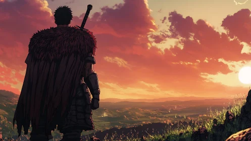 Armored wanderer surveys volumetric sunset over stylized valley