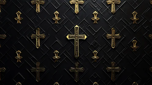 Golden crosses glowing softly against deep black geometry.