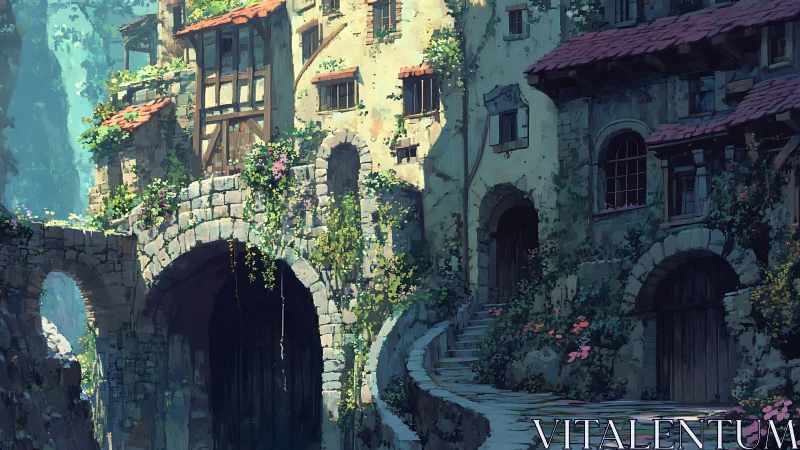 Sunlit stone village path winding through quiet cottages.