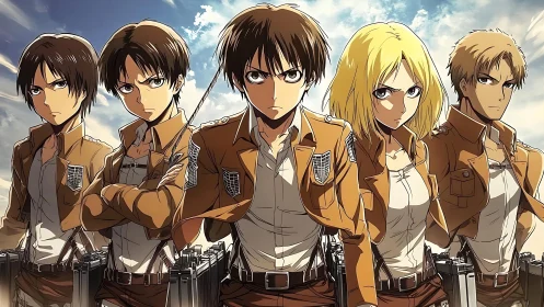 Anime survey corps squad in golden backlit formation.