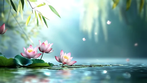 Pink lotus flowers on still pond under soft daylight.