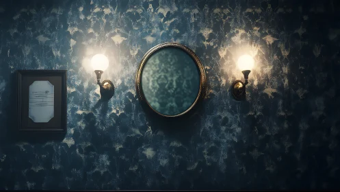 Softly lit vintage mirror wall glowing with quiet charm.