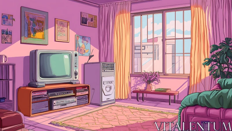 Retro pastel living room renders CRT TV, tape deck, and soft daylight
