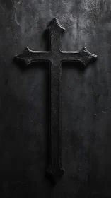 Matte black crucifix casts subtle relief on textured wall