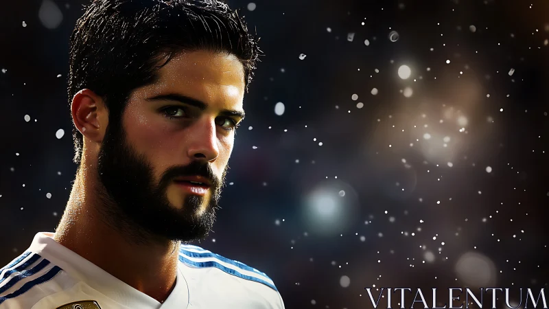 Bearded footballer portrait under stadium lights at night.