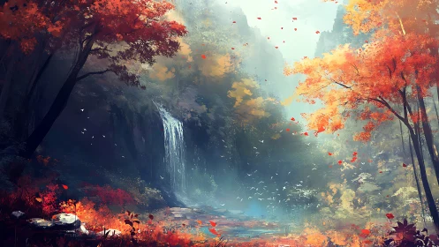 Autumn's Cascade: Where Fire Meets Flowing Water.