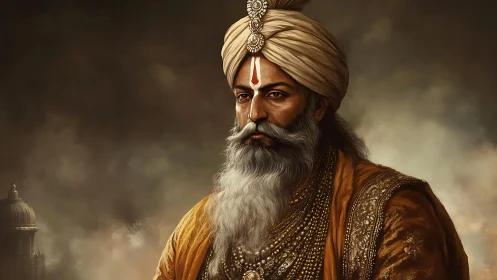 Digital portrait depicts turbaned elder in ornate garments
