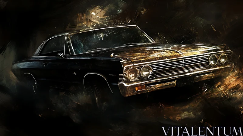 Dark classic muscle car in dramatic textured lighting scene.