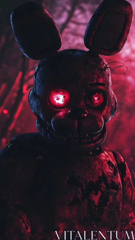 Decayed rabbit animatronic in red backlit forest environment.
