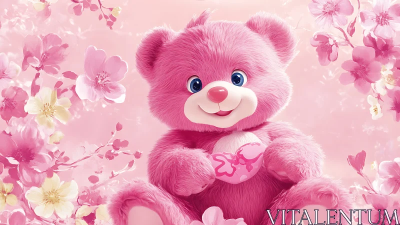 Pink plush teddy bear holding heart amid cherry blossoms.