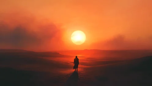 Solitary wanderer crosses glowing desert at sunset